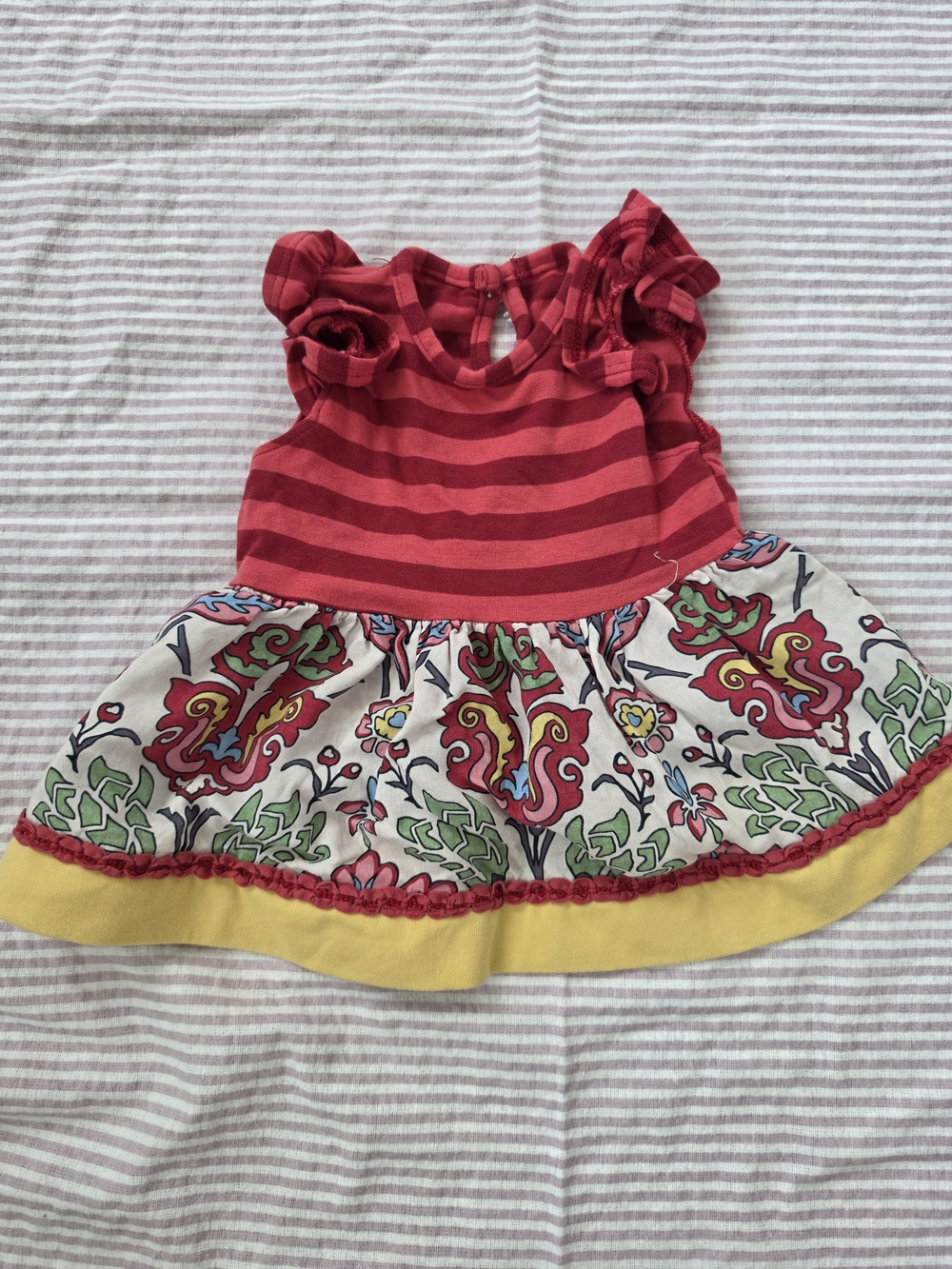Persnickety Red Striped Top Floral Hem Dress with Yellow Trim